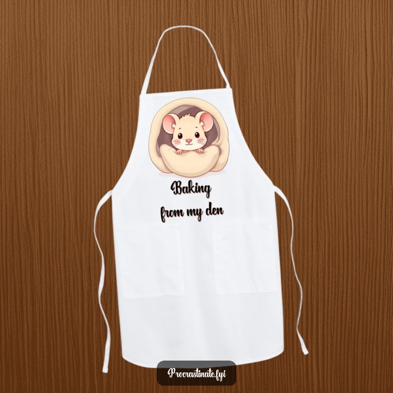 Funny kawaii mouse apron showing a cute mouse peeking out from under a cozy blanket, ideal for kitchen comfort.