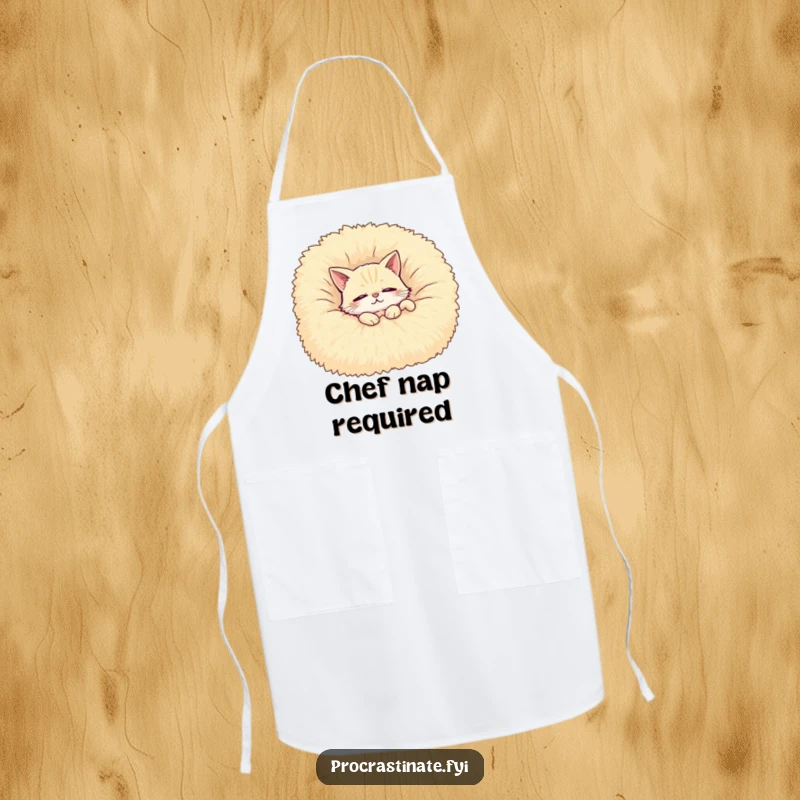 Funny apron featuring a contented cat lounging on a giant, fluffy blanket, perfect for relaxed kitchen tasks.