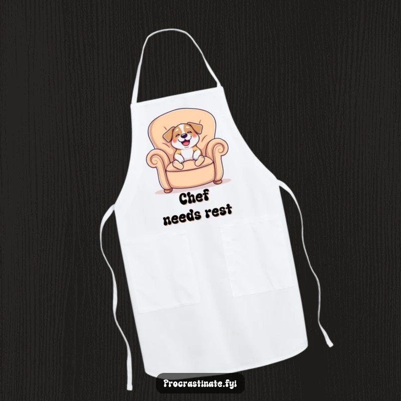 Funny apron featuring a cheerful dog sighing happily while sinking into a giant comfy armchair, perfect for kitchen tasks.