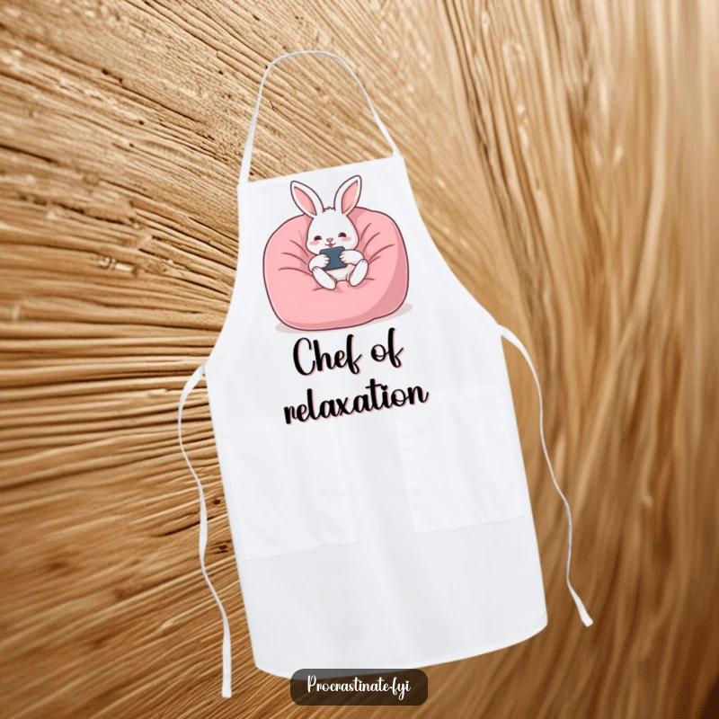Funny rabbit apron depicting a relaxed rabbit lounging in a beanbag chair with a remote, ready for a chill cooking session.