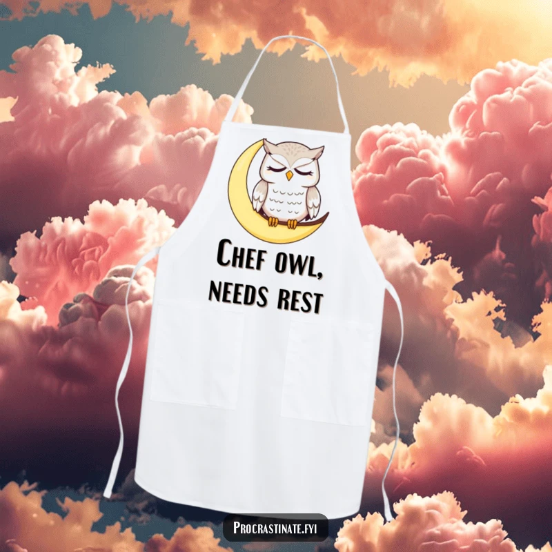 Funny owl apron featuring a dazed, sleepy owl on a crescent moon, for humorous kitchen use and cooking fun.