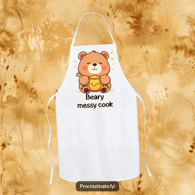 Funny bear apron showing a smiling bear dreaming of a honey pot, ideal for kitchen adventures and humorous cooking.