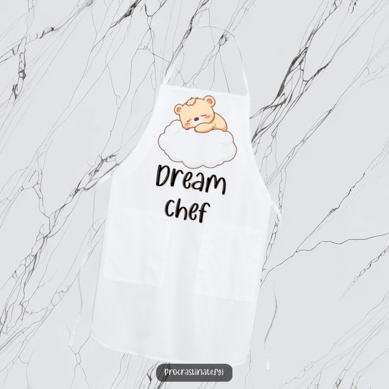 Funny sleepy bear cub napping on a cloud, depicted on a kitchen apron, bringing sweet dreams to cooking.
