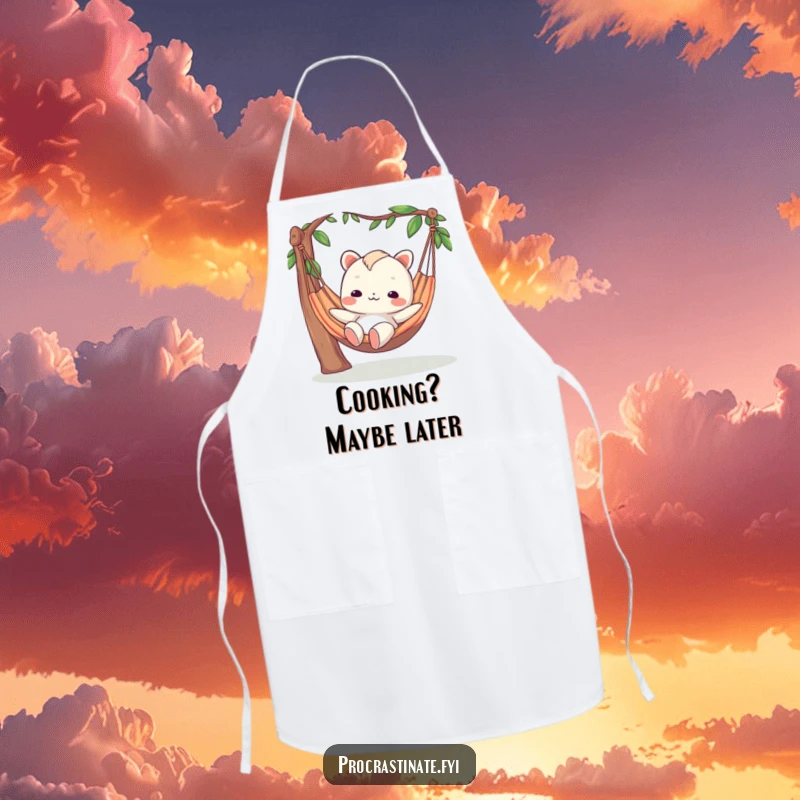 Funny apron showcasing a creature with a blank expression lounging in a hammock, bringing a humorous and relaxed feel to the kitchen.