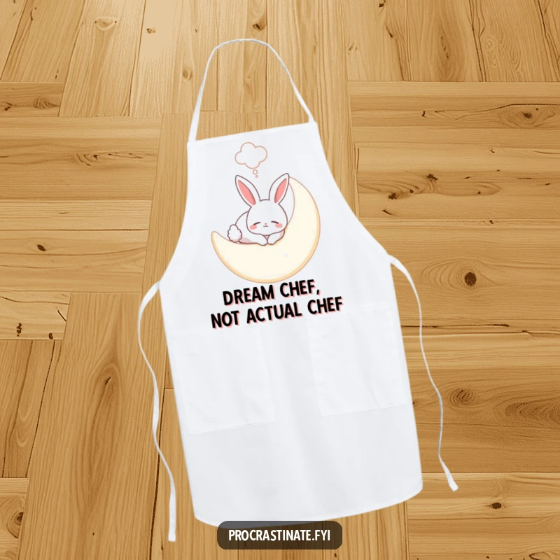 Funny bunny apron with a smiling bunny sleeping on a soft moon, a dream bubble accentuating its whimsical charm in the kitchen.