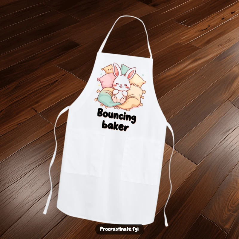 Funny bunny pillow apron showing a playful bunny surrounded by bouncing blankets and pillows. Kitchen fun.