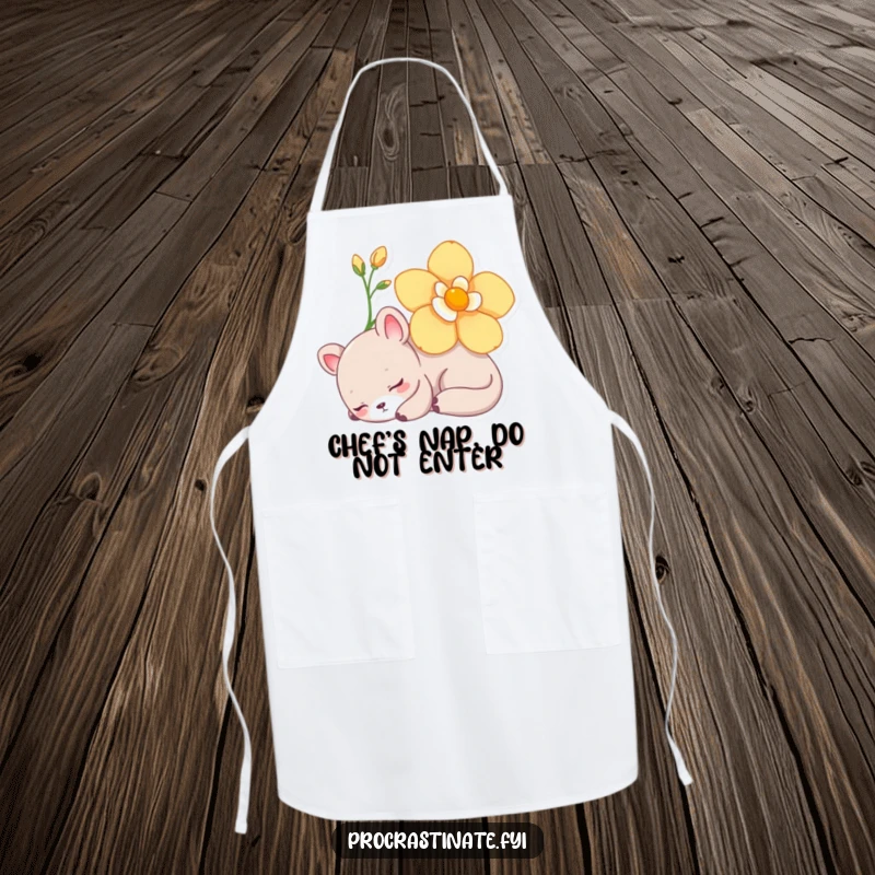 Funny Apron featuring a lazy animal character napping under a flower, perfect for a relaxed and peaceful cook.