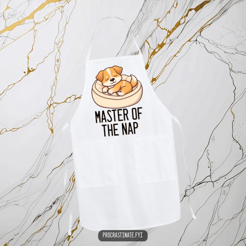 Funny apron featuring a content dog napping in a cozy dog bed, its tail thumping softly, adding humor to kitchen tasks.