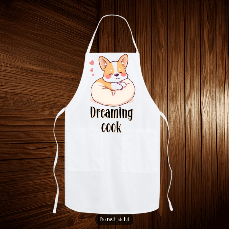 Funny happy corgi curled up on a plush pillow, dreaming, depicted on a kitchen apron.