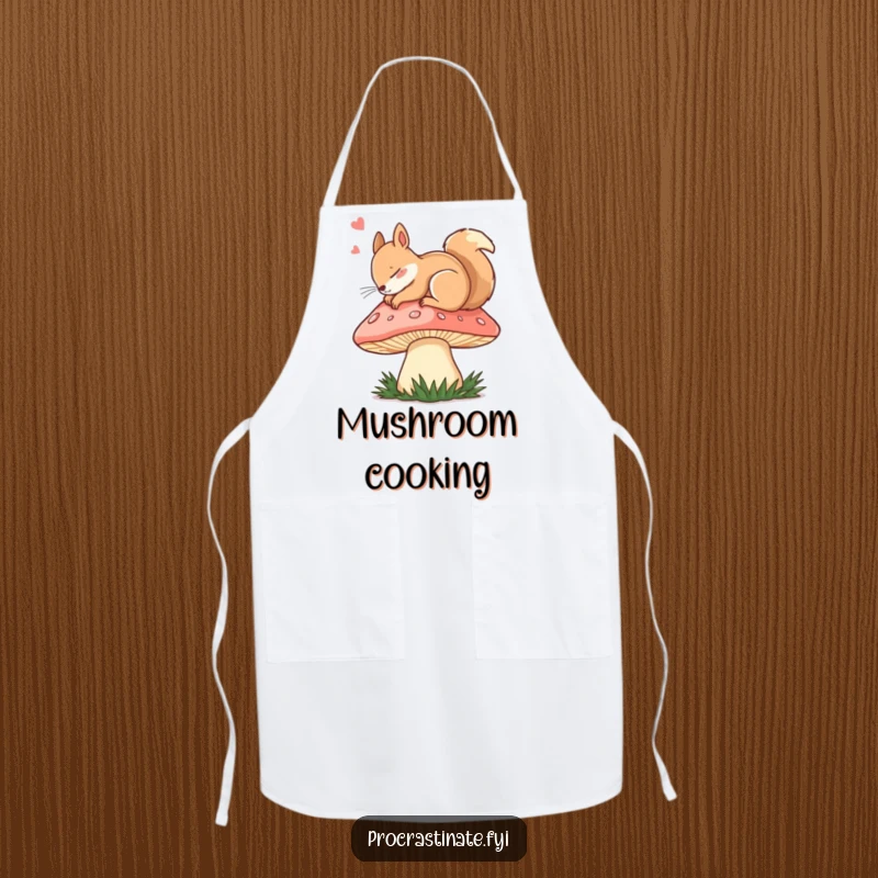 Funny dozing squirrel asleep on a giant mushroom cap, featured on a practical and humorous apron.