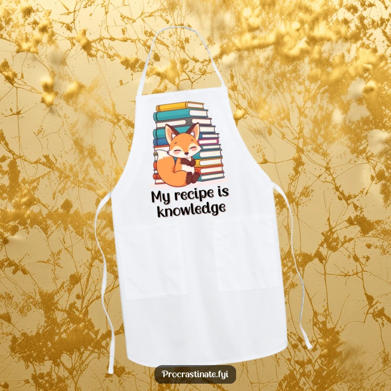Funny relaxed fox leaning comfortably against a huge pile of books, looking content and scholarly on this practical kitchen apron.