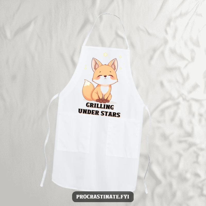 Funny fox apron depicting a mellow fox gazing dreamily at a starry sky, perfect for cooking with celestial flair.