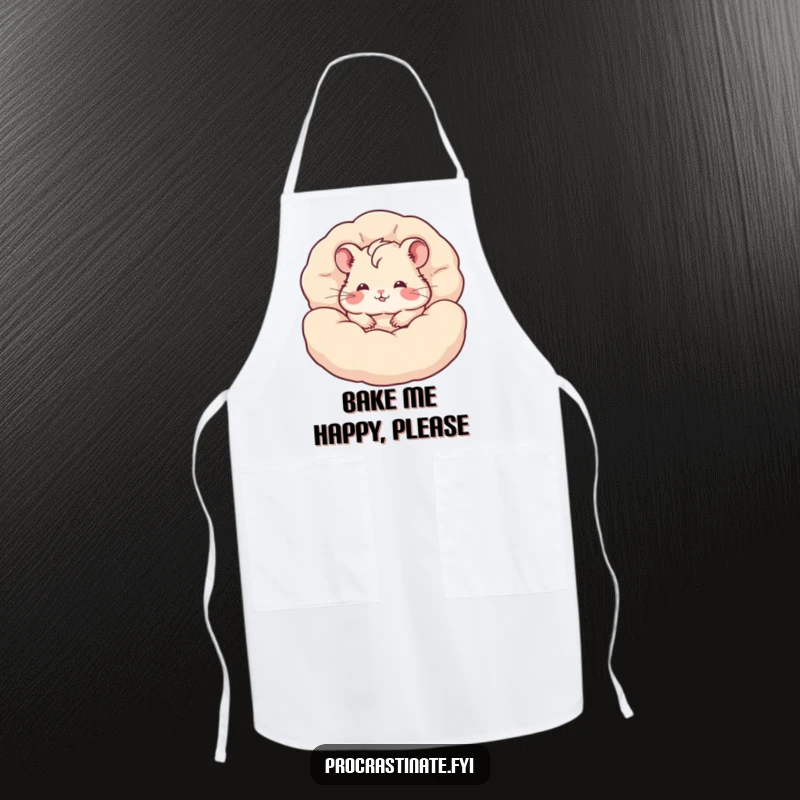Funny hamster apron with a content hamster burrowed deep within a pile of fluffy pillows, a humorous and cute kitchen accessory.