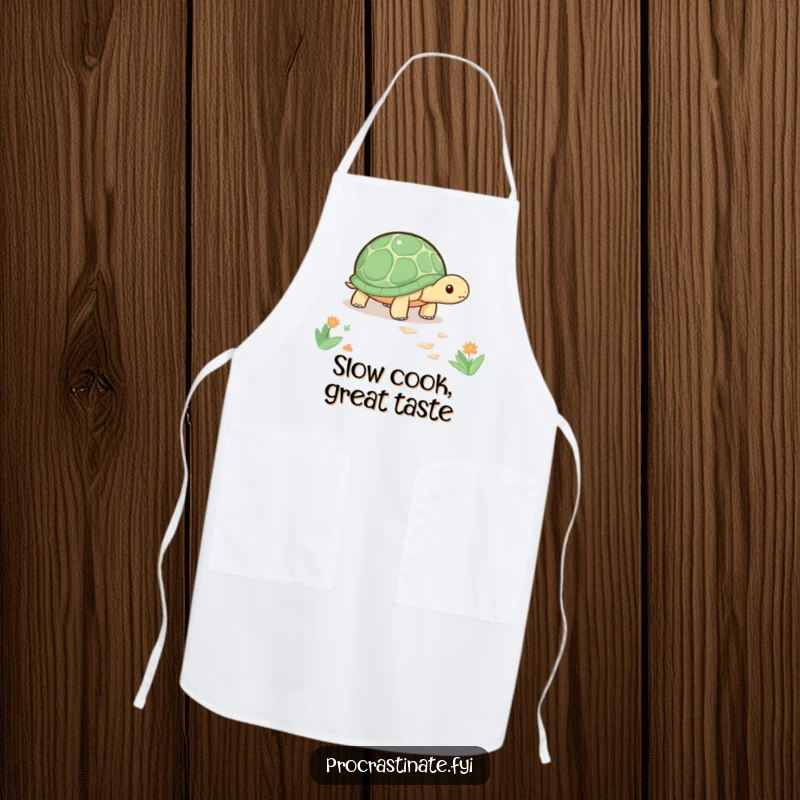 Funny kawaii turtle apron showing a cute turtle slowly inching along a path, ideal for patient cooks and messy kitchens.