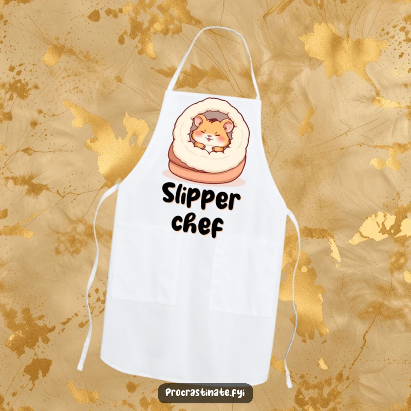 Funny happy hamster napping inside a large slipper, designed for a cozy and cute kitchen experience.