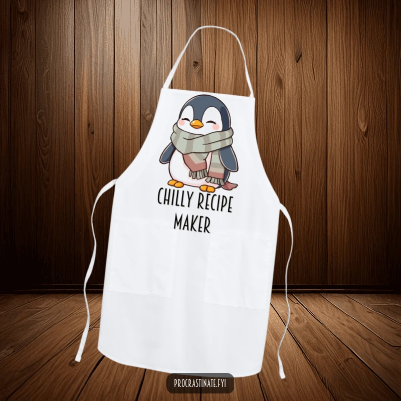 Funny penguin apron depicting a cozy penguin wrapped in a warm scarf, ideal for cooking with wintery cheer.