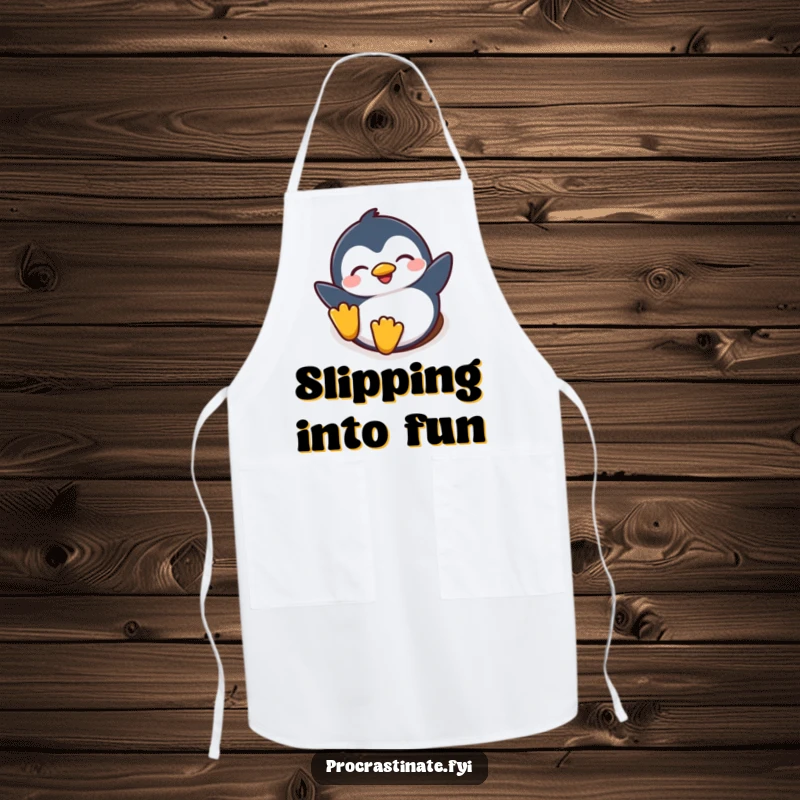 Funny apron depicting a happy penguin character eyes closed, sliding down a snowy hill, ready to whip up some kitchen magic.