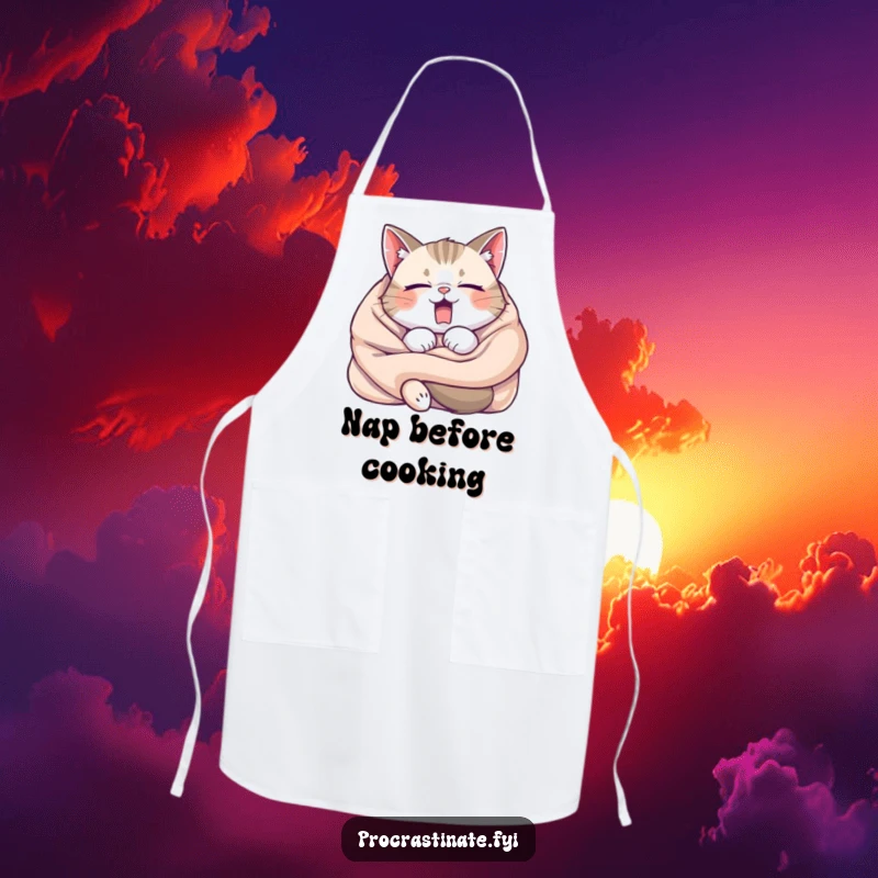 Funny Sleepy Cat Yawning Apron, a cat in a blanket yawning, perfect for cozy cooking sessions with a humorous twist.