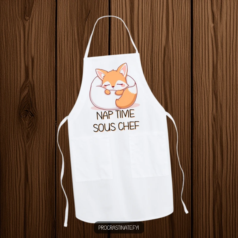 Funny sleepy fox apron showing a cute fox character napping within a large pillow, ready for kitchen duties with a sleepy grin.