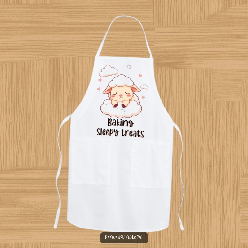 Funny apron featuring a sleepy cartoon sheep counting fluffy clouds, perfect for a calm cook.