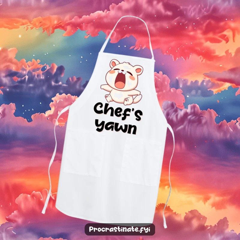 Funny apron depicting a contented animal character yawning widely and stretching, perfect for relaxed kitchen tasks.
