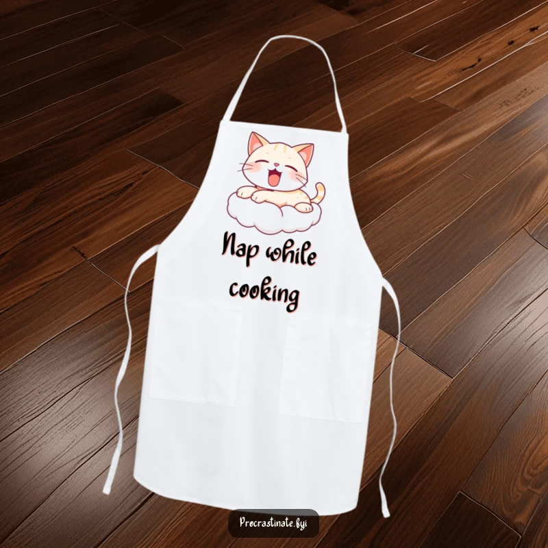 Funny yawning cat apron showing a cute, kawaii cat on a cloud, yawning peacefully, ready to add sleepy charm to your kitchen adventures.