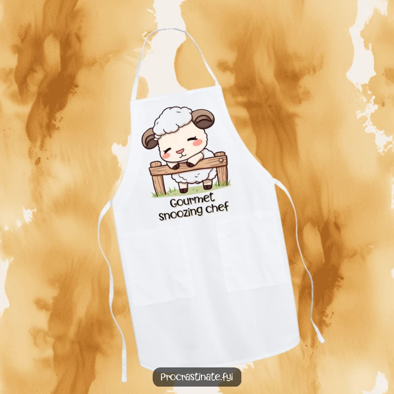 Funny kawaii sheep apron showing a cute sheep gently nodding off while leaning on a fence, ideal for kitchen comfort.