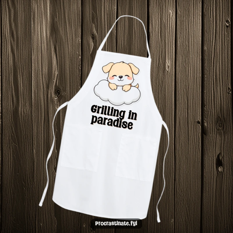 Funny dog cloud apron with a happy dog character lounging on a cloud, perfect for cheerful cooking and baking.