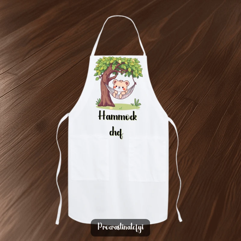 Funny apron depicting a playful animal character blissfully swinging in a hammock, perfect for a relaxed cooking experience.