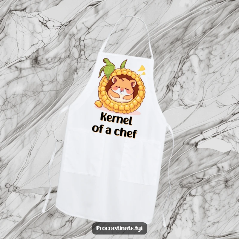 Funny apron featuring a happy hamster napping inside a giant corn cob, smiling in its sleep, perfect for cozy kitchen adventures.