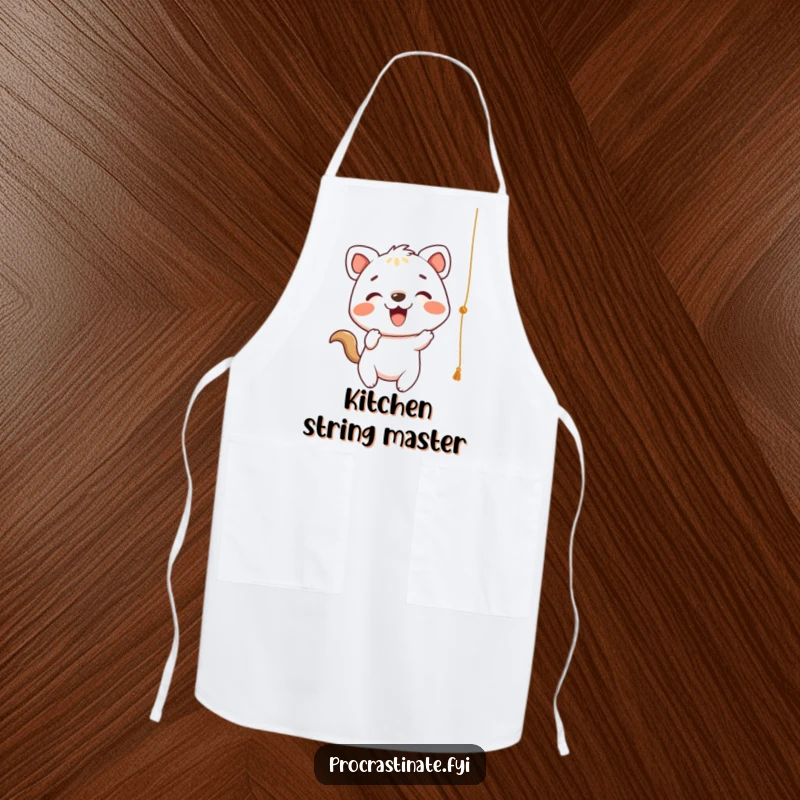 Funny Apron featuring a cheerful animal character playfully batting at a dangling string, perfect for a fun and energetic cook.