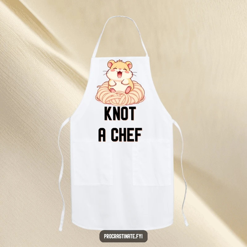 Funny giggling hamster character rolling happily in a pile of soft yarn, a durable and funny apron for kitchen fun.