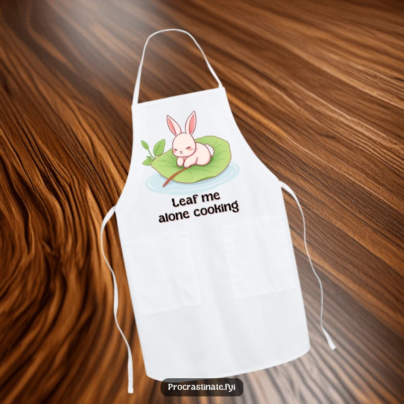 Funny rabbit apron showing a languid rabbit floating on a giant leaf in a calm pool, a humorous and practical kitchen accessory.