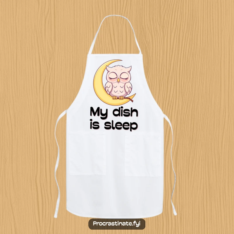 Funny sleepy owl perched on a glowing crescent moon, gently nodding off with half-closed eyes on this practical kitchen apron.
