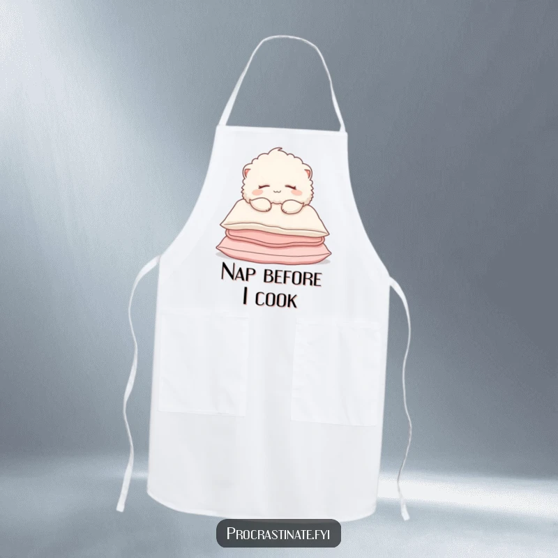 Funny Apron depicting a fluffy creature comfortably slumped over pillows, suggesting a relaxed and humorous approach to kitchen tasks.