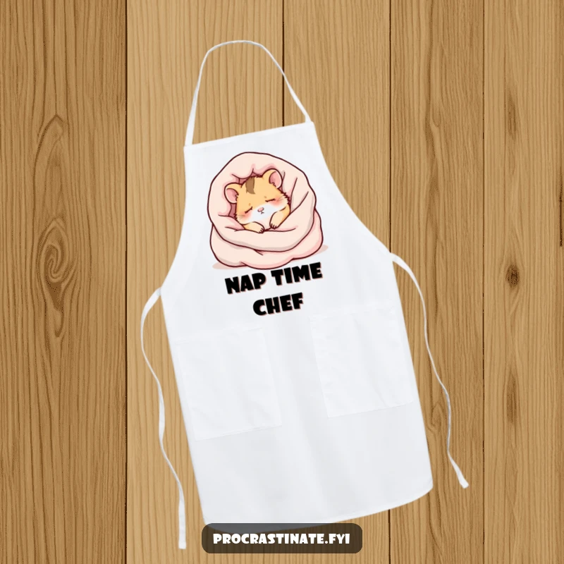Funny kawaii hamster napping peacefully, a cute and humorous apron for the kitchen.
