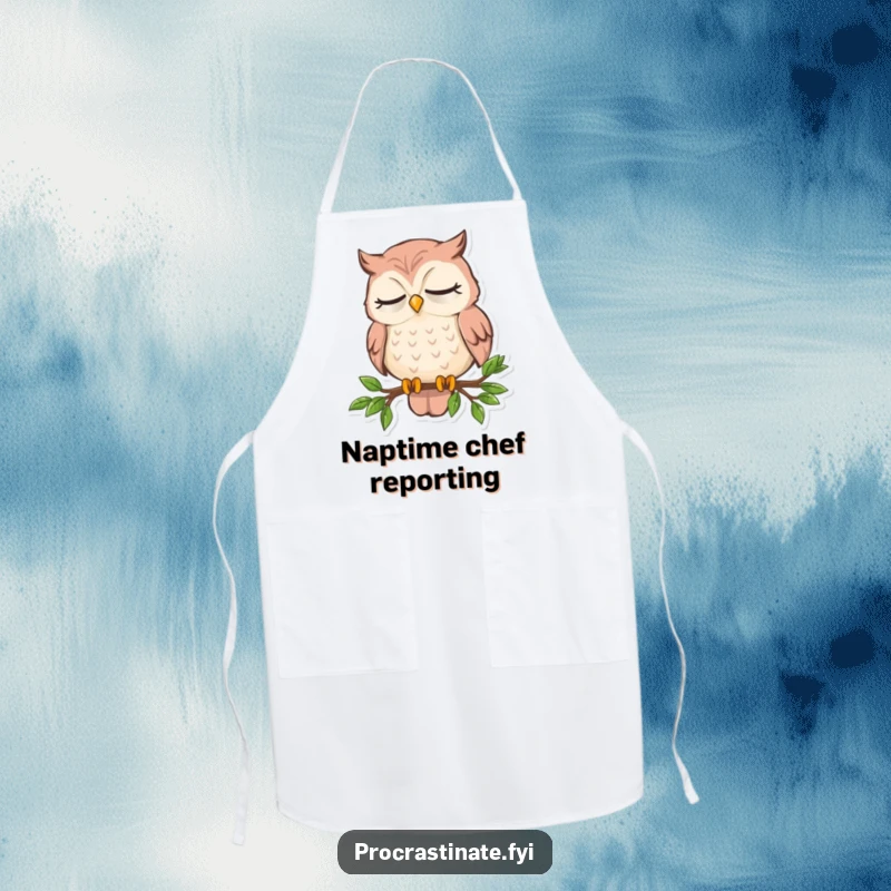 Funny sleepy owl apron showing an owl dozing on a small branch, ideal for keeping clean while dreaming of naps.