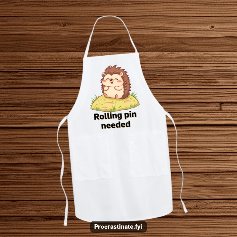 Funny apron featuring a joyful hedgehog rolling relaxed down a small grassy hill, perfect for kitchen tasks.