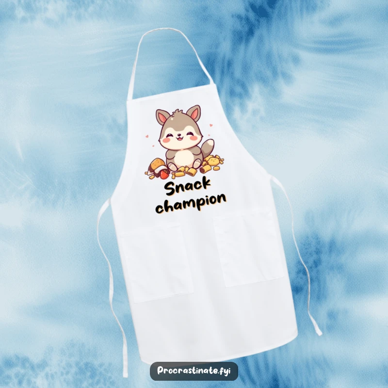 Funny apron showing a happy animal character with a triumphant grin, surrounded by evidence of a delicious snack feast.