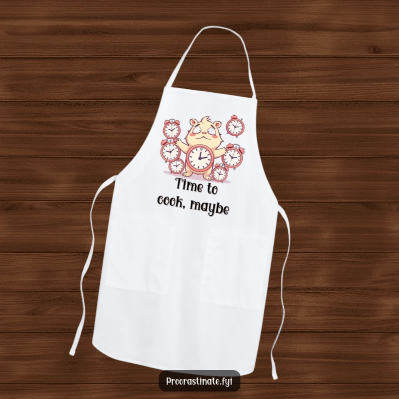 Funny Apron depicting a creature comically juggling alarm clocks, perfect for the busy cook managing multiple tasks.