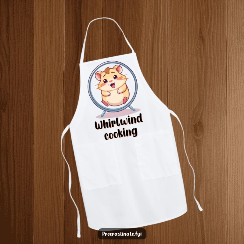 Funny hamster apron showing a cheerful, dazed hamster spinning in its wheel, ready to add some fun to cooking.
