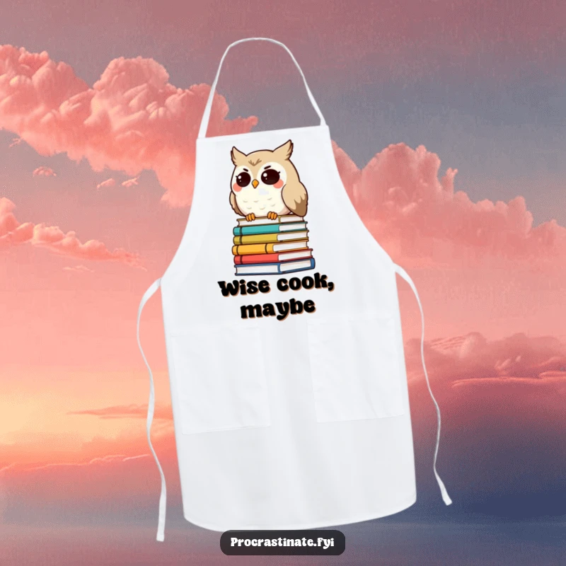 Funny smiling owl character with droopy eyes, leaning on a tilted stack of books, a durable and funny apron for kitchen enthusiasts.