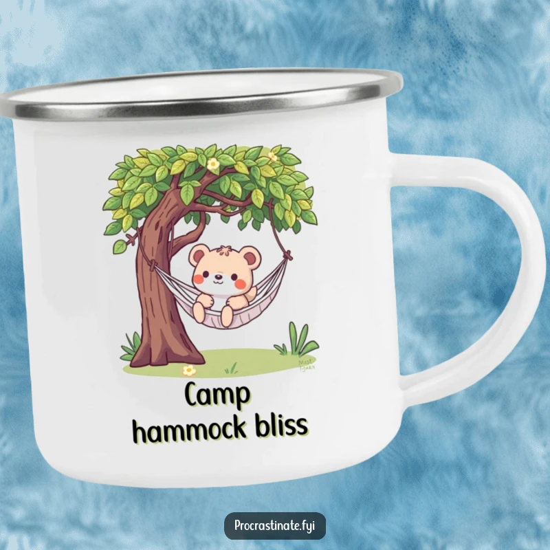 Funny camping mug showing a playful animal character lazily swinging on a hammock, perfect for outdoor relaxation.