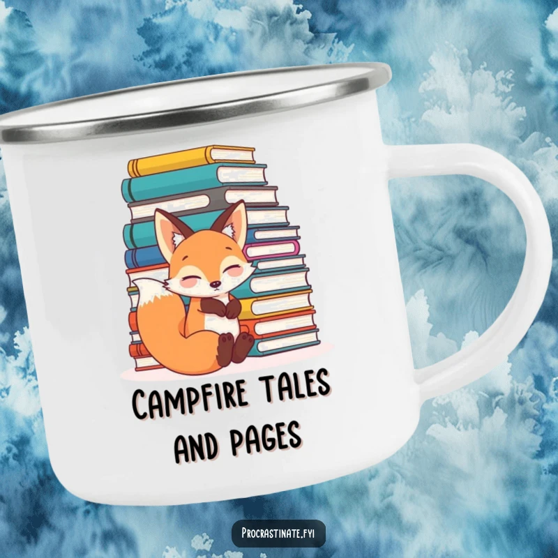 Funny relaxed fox leaning against a huge pile of books, looking content on this durable camping mug for outdoor readers.