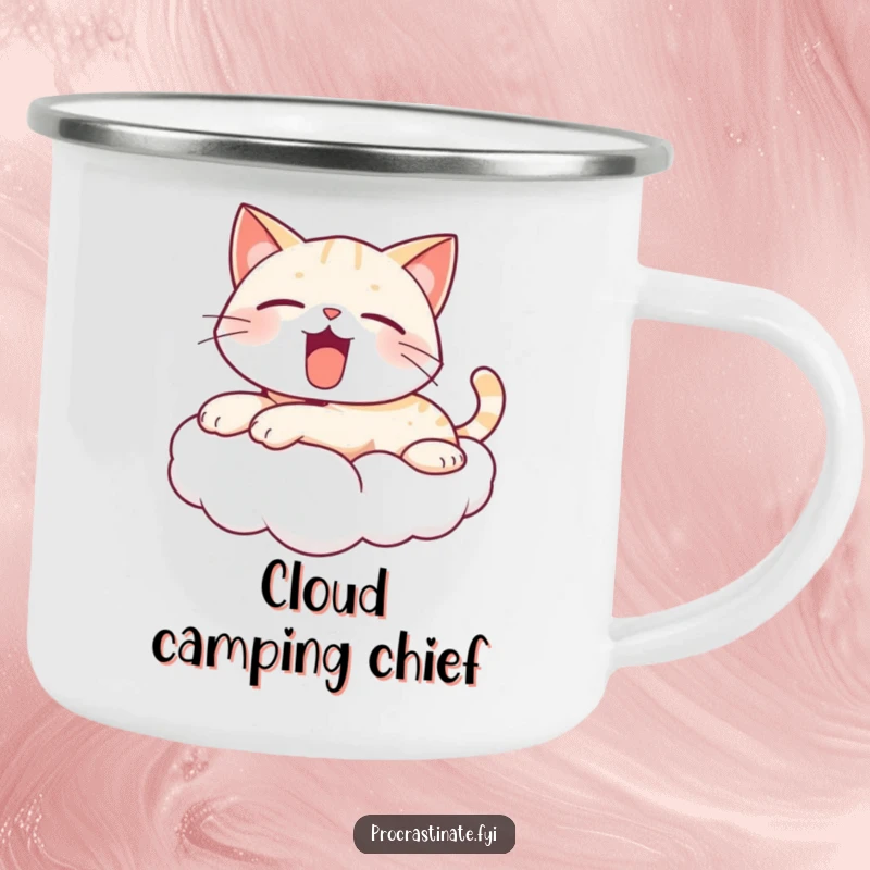 Funny yawning cat camping mug featuring a cute, kawaii cat on a cloud, yawning contentedly, ready for relaxing outdoor sips.