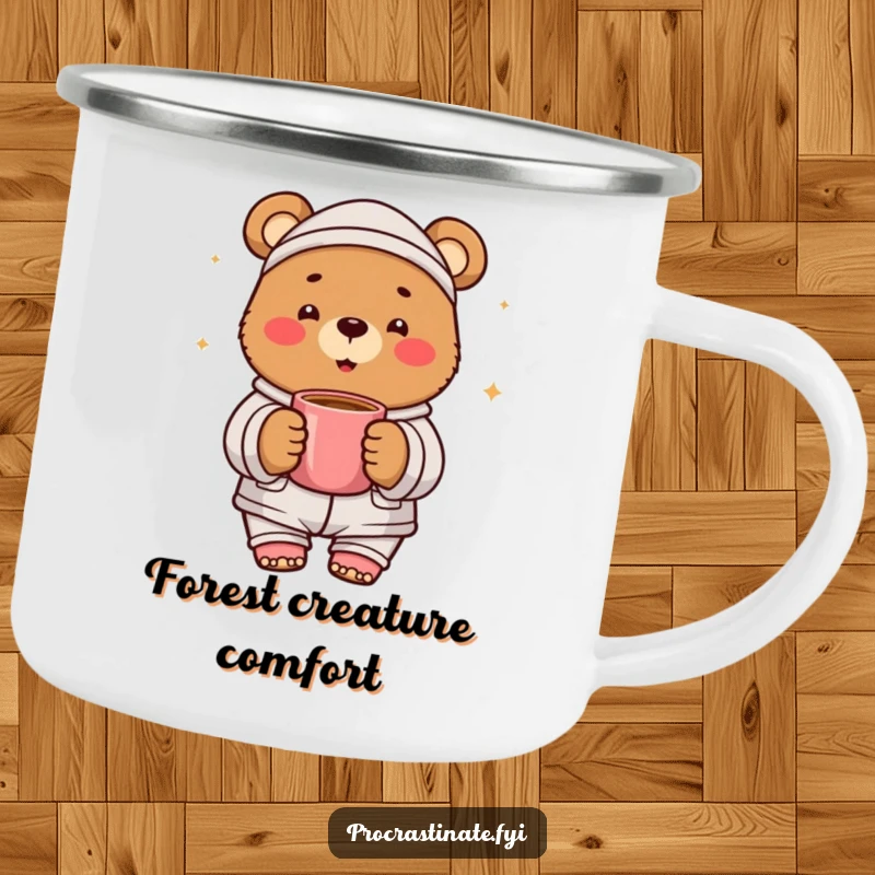 Funny bear pajama camping mug showing a cheerful bear in pajamas, holding a warm mug. Outdoor cheer.