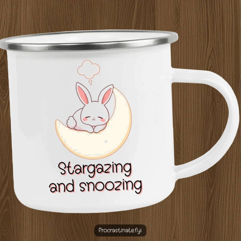 Funny bunny camping mug showing a smiling bunny sleeping on a soft moon, with a dream bubble, perfect for dreamy sips outdoors.
