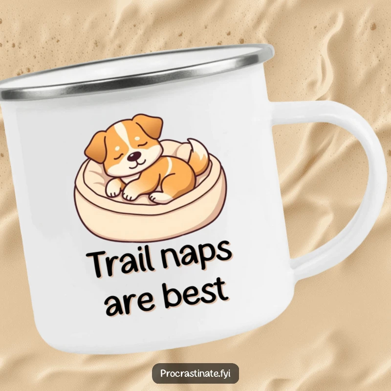 Funny camping mug with a content dog napping in a cozy dog bed, tail thumping softly, ideal for cozy outdoor drinks.