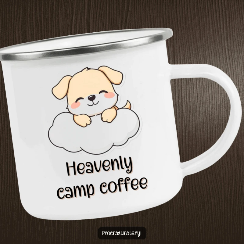 Funny dog cloud camping mug with a happy dog character lounging on a cloud, perfect for cheerful outdoor enjoyment.