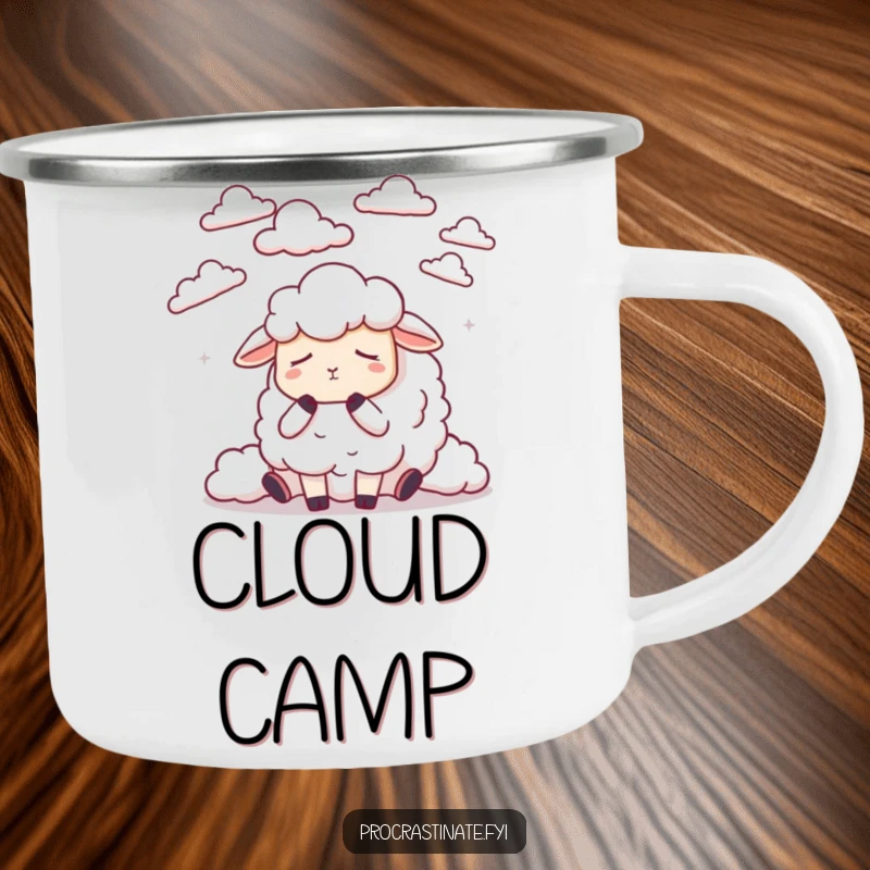 Funny dozing sheep counting stylized clouds, designed for peaceful campfire conversations and dreamy nights.